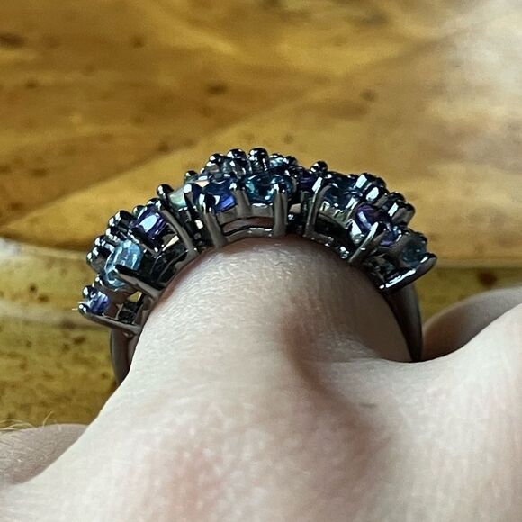 Natural Multi Gemstone Sterling Silver Black Rhodium Ring - Picture 2 of 10